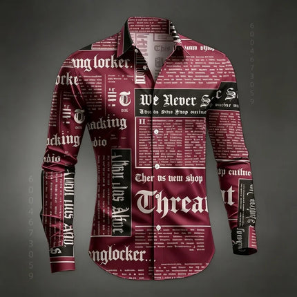 Men's Shirt Long Sleeved Shirt Newspaper Letter Print Retro Casual Single Breasted Shirt Street Style Trendy Men's Top XS-6XL