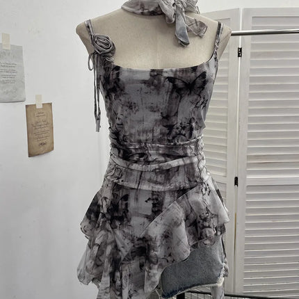 Women's Vintage Tie-dye Printed Mesh Spaghetti Strap Camisole Hot Girl Irregular Ruffled Ribbon Sleeveless Top Partyclub 1185