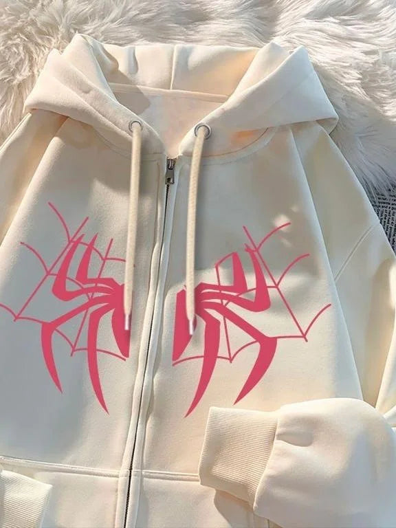 Retro American Spider Print Fleece Hoodie Loose Autumn Winter New Trendy Brand High Street Jacket Women's Casual Wear