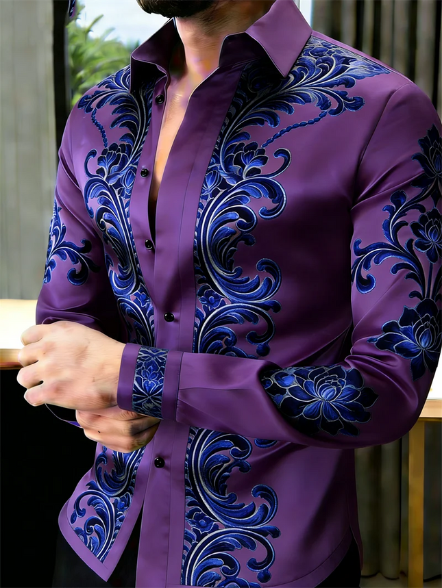 New men's 11 color pattern 3D flower print long sleeved shirt with high-quality and casual long sleeved collar top