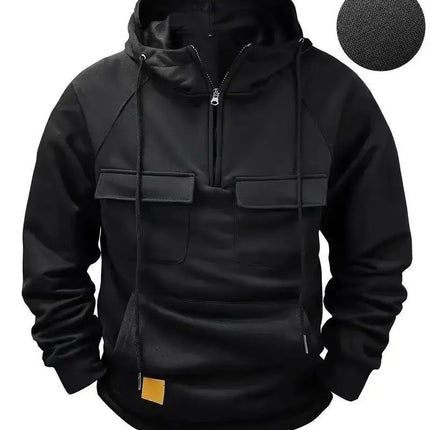 Fashionable Youth Men's Hoodie Solid Color Casual Autumn/Winter Pullover with Multi Pockets Patch Design