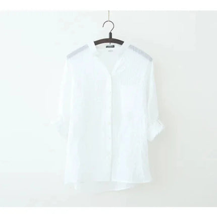 Plus-size Women Long-sleeved Shirt - linen Women's Top, Simple Solid Color Retro Shirt, 2025 Summer Korean-style Clothing