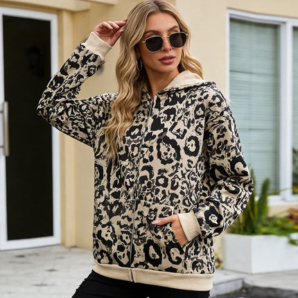Hip Hop Casual Leopard Print Long Sleeve Hoodie 2000s Autumn Winter Fashion High Street America Dopamine Loose Zipper Sweatshirt