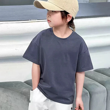 Kids Loose Short-sleeved T-shirt Summer New Pure Cotton Round Neck Boys Girls Solid Color Tee Teen Girl Clothes 12-14 Years