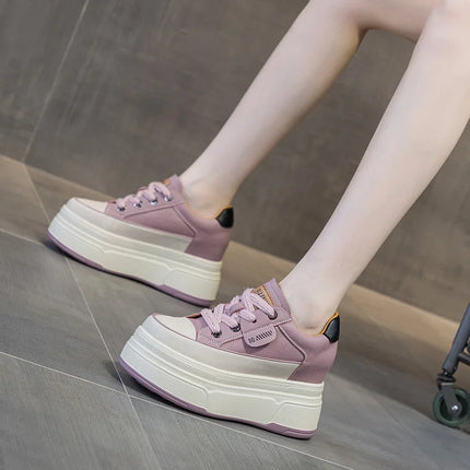 Fujin 9cm 3 inch comfortable platform sneakers for women Genuine Leather Women Vulcanized Shoes Platform High Heels Casual Shoes
