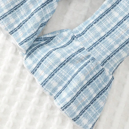 0-2 Fashionable Baby Girl Cute Romantic White Pit Strip Splicing Blue Checkered Long Sleeve Top with Blue Belly Pants and Hairba