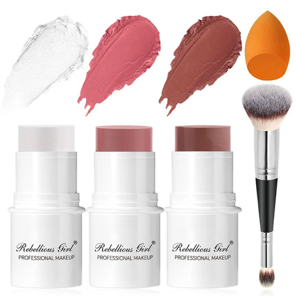 Blush Contour Highlighter Stick for Cheeks Eyes Lip Lightweight Dewy Finish Blush Stick Contour Natural Blusher Stick Makeup Set