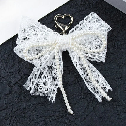Korean Cute Lace Bow Pearl Beaded Phone Pendant Chain Accessories Aesthetic Ballet Shoes Camera Bag Decoration Keychain Gift