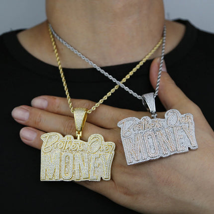 New Hip Hop Brothers Over Money Pendant Necklace Gold Color Iced Out Bling CZ Cubic Zirconia Letters Charm Men Women Jewelry
