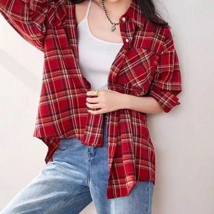 Retro Red Plaid Long Sleeve Women's Shirt Loose Fit Autumn Summer New Style Casual Fashion Open Cardigan Slimming Top Coat