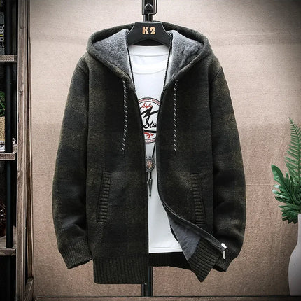 2023 Autumn/winter Fleece-lined Trendy Color Block Versatile Hooded Men's Cardigan Youth Outerwear Knitted Top For Men