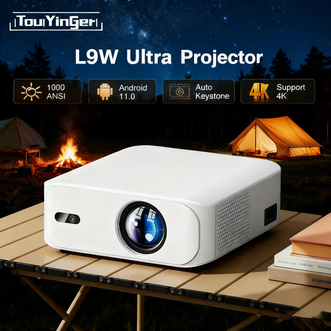 Touyinger L9W Ultra Mini Portable Full HD Projector Android Smart Beamer TV Video Auto Keystone Correction and Focus for Camping