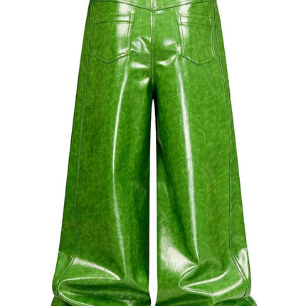Mauroicardi Spring Autumn Cool Long Shiny Reflective Green Pu Leather Wide Leg Pants for Men Y2K Luxury Brands Original Clothes