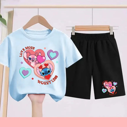 Disney 2026 Summer Round-neck Short-sleeved Set Girl Stitch Printed T-shirt Fashion Child Top+Shorts Casual Daily Sportswear Set