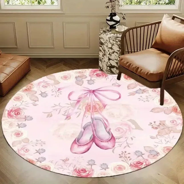 Girly Floral Round Carpet Non-slip Washable for Delicate Romantic Bedroom Dreamy Ballet Practice Area Home Decor Rose Mat