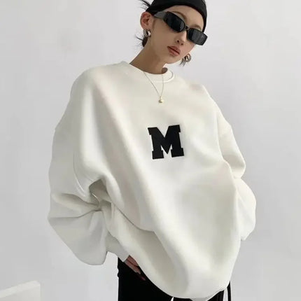 Women Fashionable Retro Grey Sweatshirts Autumn Winter Loose Casual Hoodie Round Neck Oversize Pullovers Tops