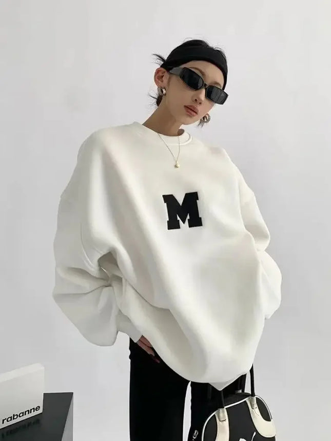 Women Fashionable Retro Grey Sweatshirts Autumn Winter Loose Casual Hoodie Round Neck Oversize Pullovers Tops