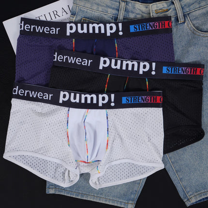 Men's PUMP! Mesh Boxer Briefs U Convex Pouch Rainbow Stitching Elastic Waistband Breathable Quick Dry Underwear