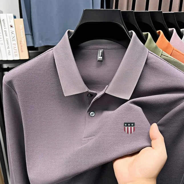 Luxury men's polo shirt long sleeved branded printed top spring new 100% cotton comfortable breathable business casual T-shirt