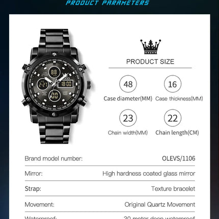 OLEVS 2024 New Mens Watches Top Brand Luxury Sport Digital Quartz Wristwatch For Men All Steel Military Waterproof Clock+Box