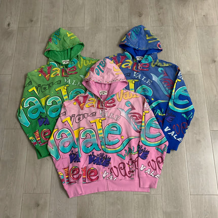 Streetwear Shinning Diamond Zipper Terry Hooded Hoodie for Men Oversized Graffiti Flame Cardigan Rhinestone Sweatshirt Jacket