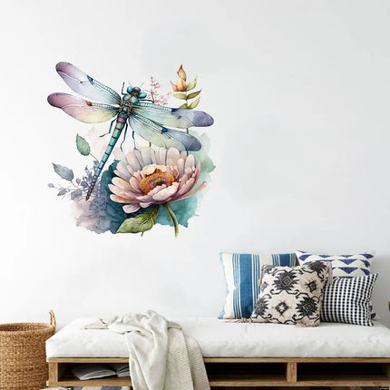 M739 Beautiful flowers and Dragonfly Insect Wall Sticker Kids Room Bedroom Home Decoration Wallpaper Self Adhesive Decals