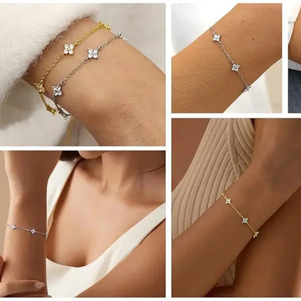925 Silver Plated Cz Four-leaf Flower Bracelet for Women Girl Cute Dainty Adjustable Link Chain Bracelet Trend 18k Gold Jewelry