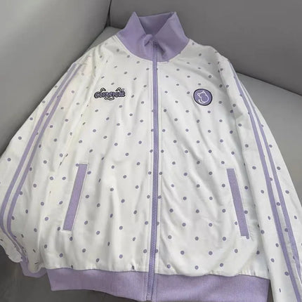Cute Dot Sweet Sweatshirts Women Loose Cartoon Striped Kawaii Hoodies Japan Long Sleeve Stand Collar Preppy Style Outwear Tops