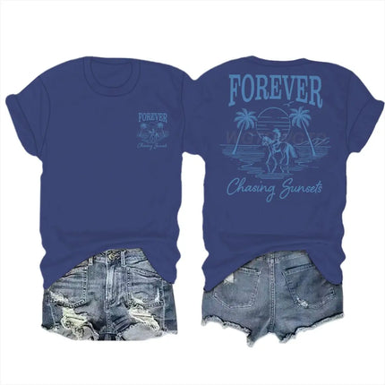 Forever Chasing Sunsets Retro Tshirts Ocean Beach Short Sleeve T-shirts Men Women Fashion Vintage Summer Vibes Casual Streetwear