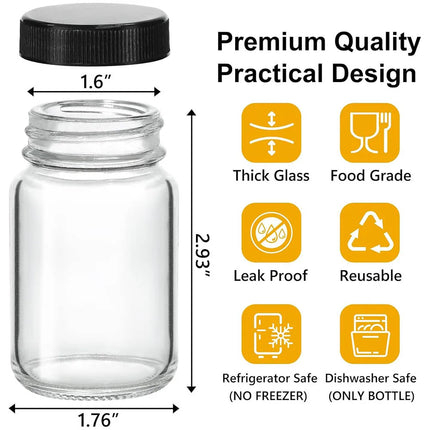 2oz Glass Shot Bottles with lids - Small Clear Jars for Ginger，Wellness Shots, Juice, Travel mini Reusable Wide Mouth bottles