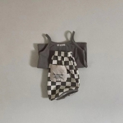 Korean Style Ins Fashion Kids Tank Top & Checkered Shorts Set Boys Girls Summer Lightweight Cotton Clothing New 2025‌