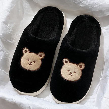 Cute Bear Cotton Slippers for Women Winter Indoor Non-slip Slides Plush Warm Men Home Sandals Flat Shoe Couples Flip Flops