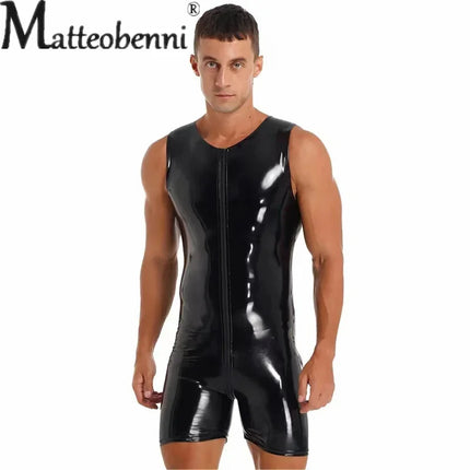 S-7XL Men Shiny PU Leather Two Way Zipper Open Crotch Bodysuit Sleeveless Wet Look PVC Slim Rompers Sexy Tight Cosplay Palysuits