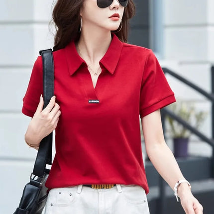 European Station Polo Neck Short sleeved T-shirt Women's Summer New Fashion Light Luxury Loose Large Cotton V-neck Casual Top
