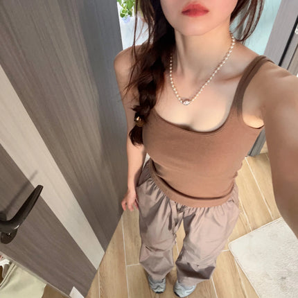 Women's Vest with Built-in Bra Pad Elastic Ribbed Square Collar Csole Tank Top ort Length  Color Versatile Summer F...