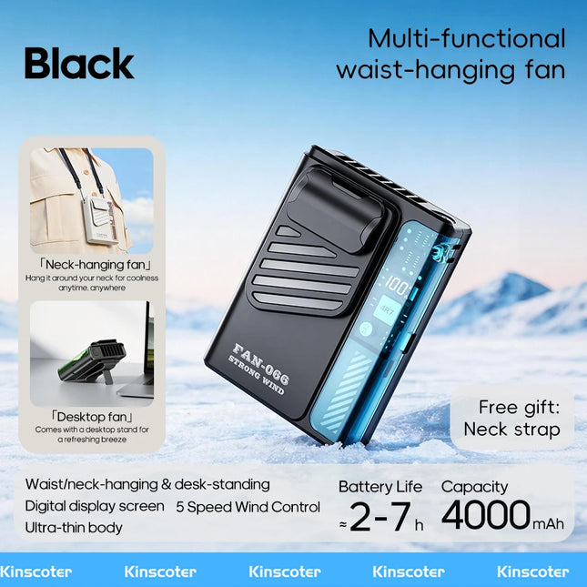Multi-functional Waist Hanging Fan 4000mAh  Mini Cooling Fan Five Speed Outdoor Portable Rechargeable Fan with Digital Display