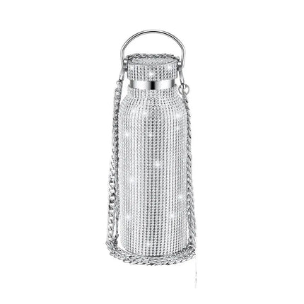 Thermal Rhinestone Water Bottle Stainless Steel Chain Bling Cups Removable Carrying Strap Refillable Glitter Tumbler Travel