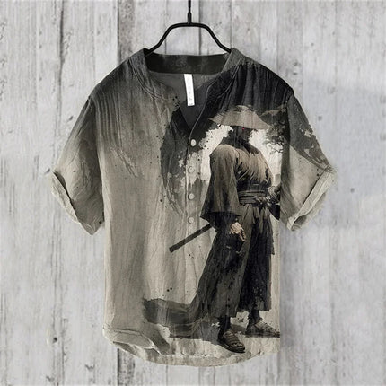 Men's Short Sleeve POLO Shirt Blended Printed Japanese Retro Cat Samurai Casual Large Size Men's Top 5XL