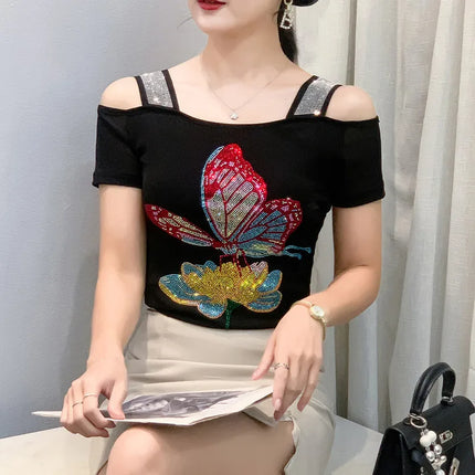 Summer Streetwear Fashion Women's T-shirt Luxury Design Butterfly Hot Diamonds Tee Sexy Off Shoulder Girls Tops European Clothes