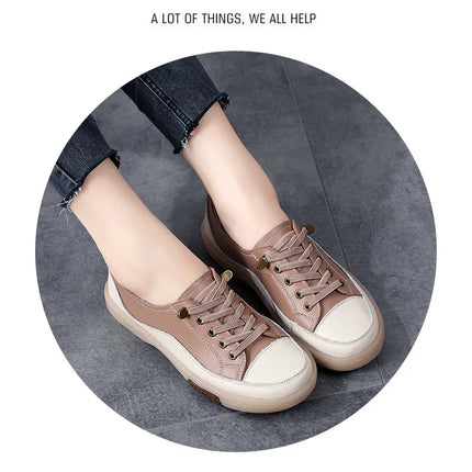 Genuine Leather Women Soft Sole Walking Shoes Girl Student Jogging Sneaker White Black Flats Female Casual Skate Trainers Summer