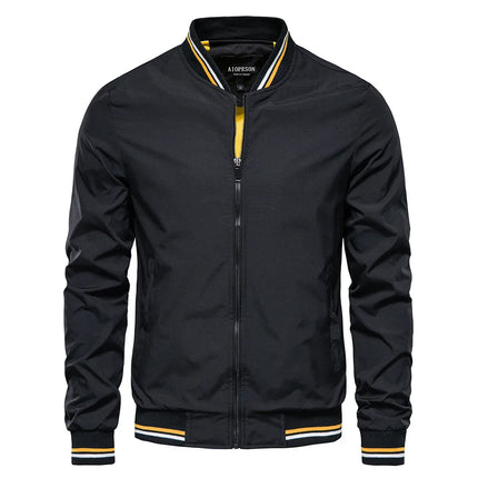 New spring-autumn men's jacket - casual and lightweight windproof coat with zipper closure, striped ribbed collar and cuffs.