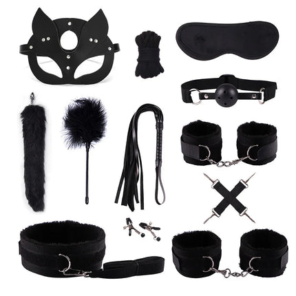 Adult Erotic Nylon Bondage BDSM Kit with Handcuffs Sex Whip Mouth Gag Soft Fox Tail Anal Plug for Women Sexy Games