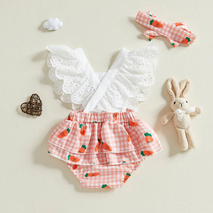 Easter Toddler Baby Girl Fly Sleeve Bodysuits with Bow Headband Infant Lovely Sleeveless Square Neck Carrot Print Jumpsuits