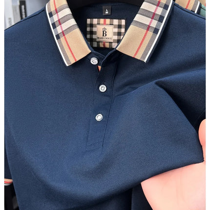 Men's high-end silky cotton breathable short-sleeved polo shirt, new summer trend, plaid lapel, designer brand, casual golf T-shirt