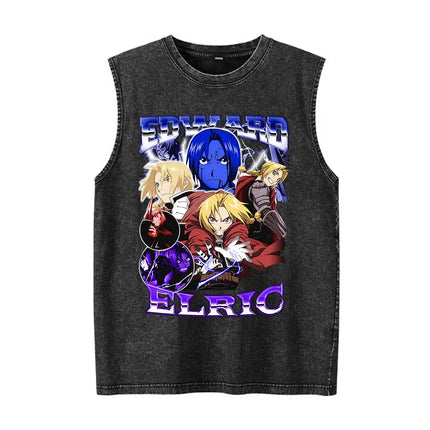 Anime Fullmetal Alchemist Vintage Washed Tank Tops Funny Manga Brotherhood Eyes T-shirts Fashion Casual Sleeveless Vest T-shirts