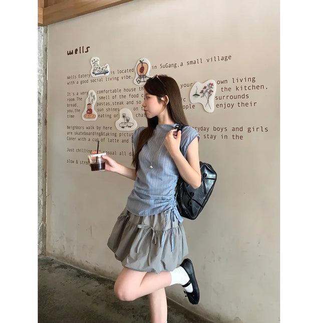 Blue Striped Drawstring Tie Women's Shirt Summer New Style French Stripe Design Modified Version Round Neck Sleeveless Dress