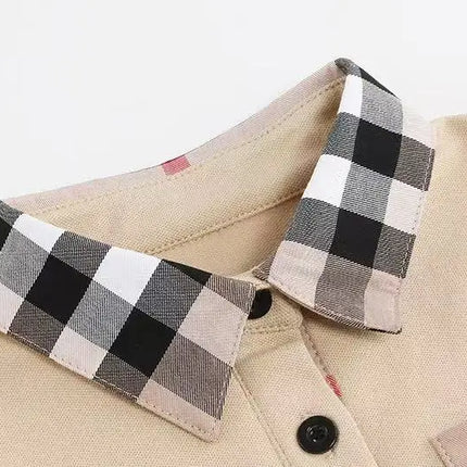 New casual Spring Autumn boys' long sleeved lapel plaid polo shirt pure cotton T-shirt top