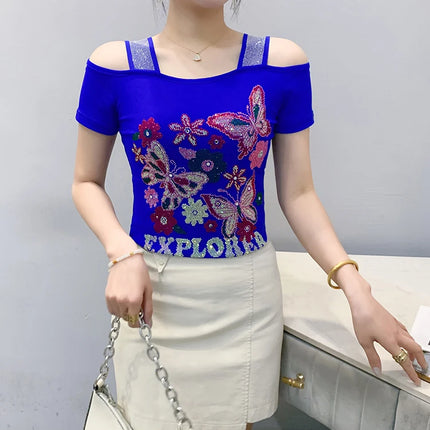 Summer Streetwear Fashion Women's T-shirt Luxury Design Butterfly Hot Diamonds Tee Sexy Off Shoulder Girls Tops European Clothes