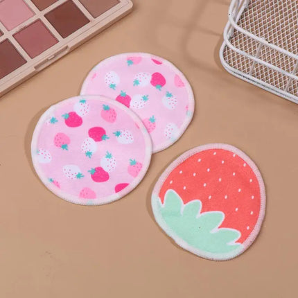 〔HBA16〕 10 Pcs Makeup Remover Pads Washable Double-Layer Strawberry Print Cleaning Cotton Reusable Facial Make Up Removal Pads