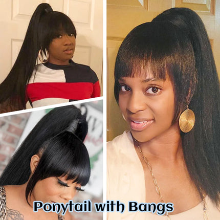 Yaki Drawstring Ponytail Extension with Bangs - Long Yaki Straight Clip in Ponytails Extension for Women Synthetic Hairpiece